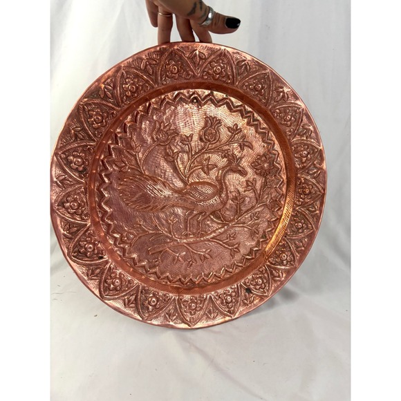 Vintage Hammered Copper Wall Plate Bird Floral Repoussé Hanging Decor 16" - Picture 8 of 11